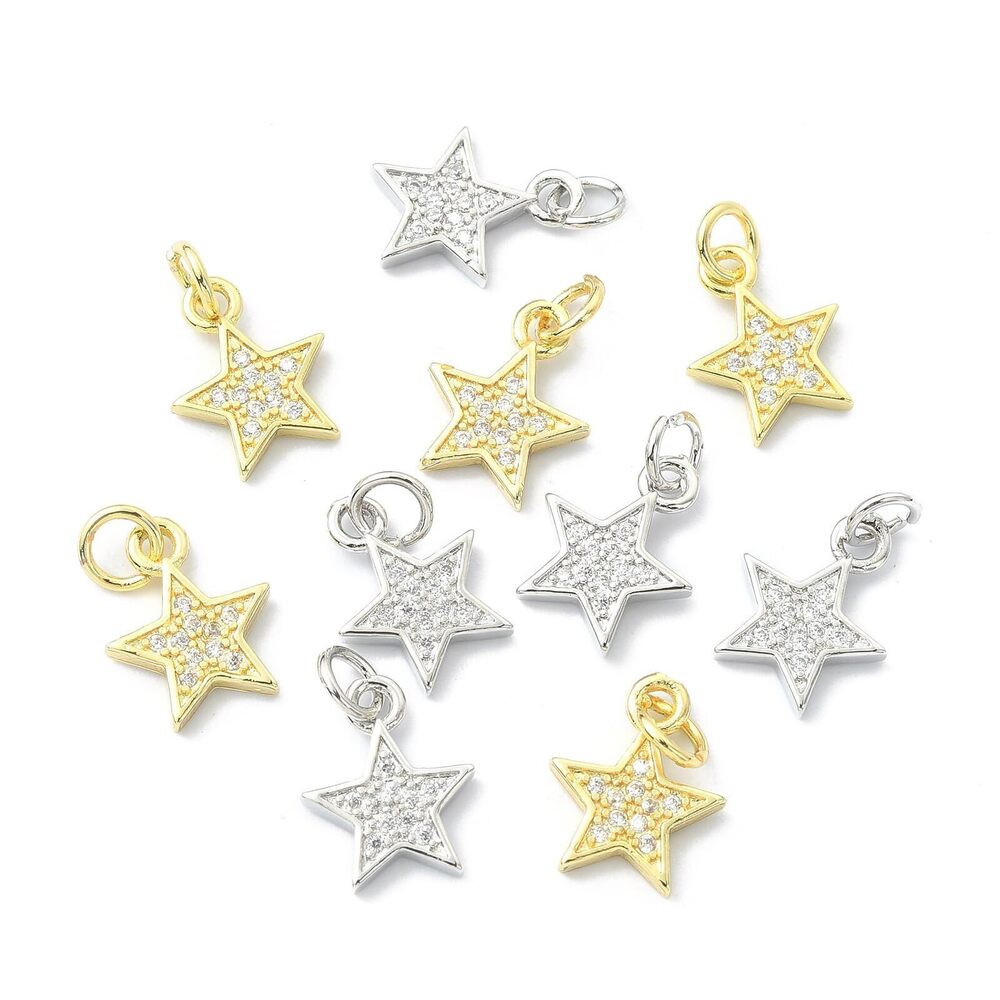7379 20pcs Cubic Zirconia Star and Heart Charms - Brass Micro Pave Clear